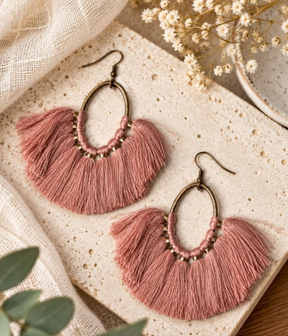 Blush Pink Tassel Hoop Earrings Boho Statement